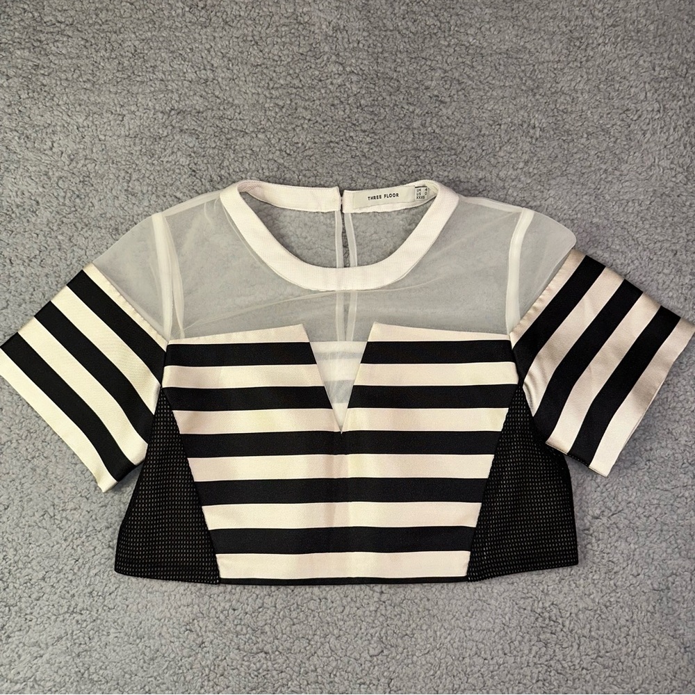 Revolve Three Floor Striped Sheer Mesh Top Cream Black Crop Women's 0 Blouse